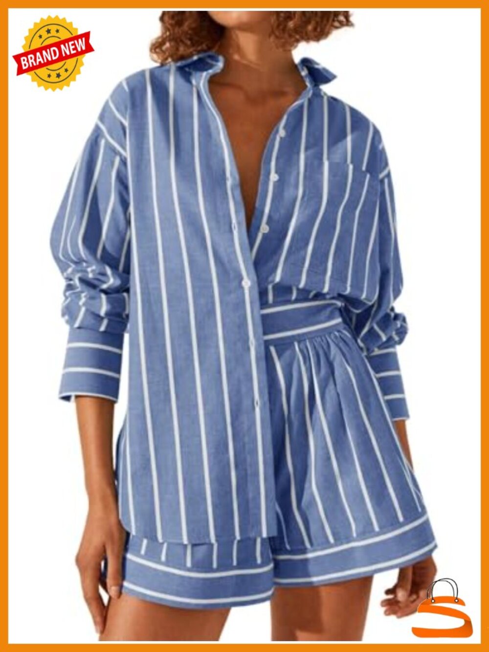 Women's 2 Piece Outfits Long Sleeve Button Down Collared Shirt Matching Shorts
